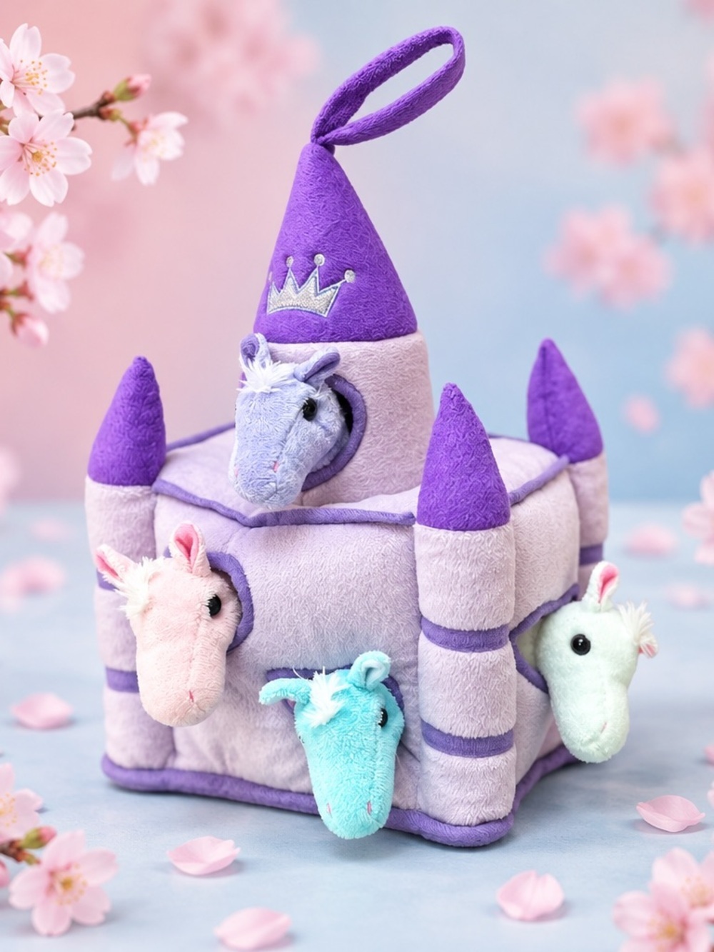 Unipak 12" Plush Castle 4 Plush Horses Tucked Inside Purple Carry Case